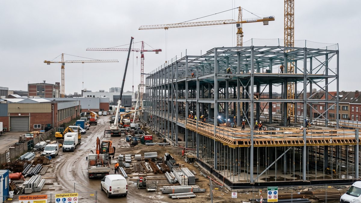 Travaux de voirie zone industrielle La Louvière — accès Bricofer et Aciers Grosjean